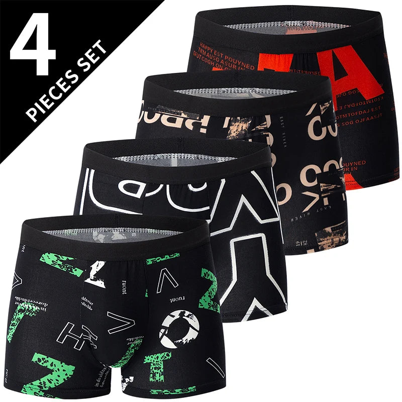 4 Pack European and American Size MEN'S FASHION Printed Boxer Underwear Comfortable Swimming Trunks Oversized Underwear Shorts